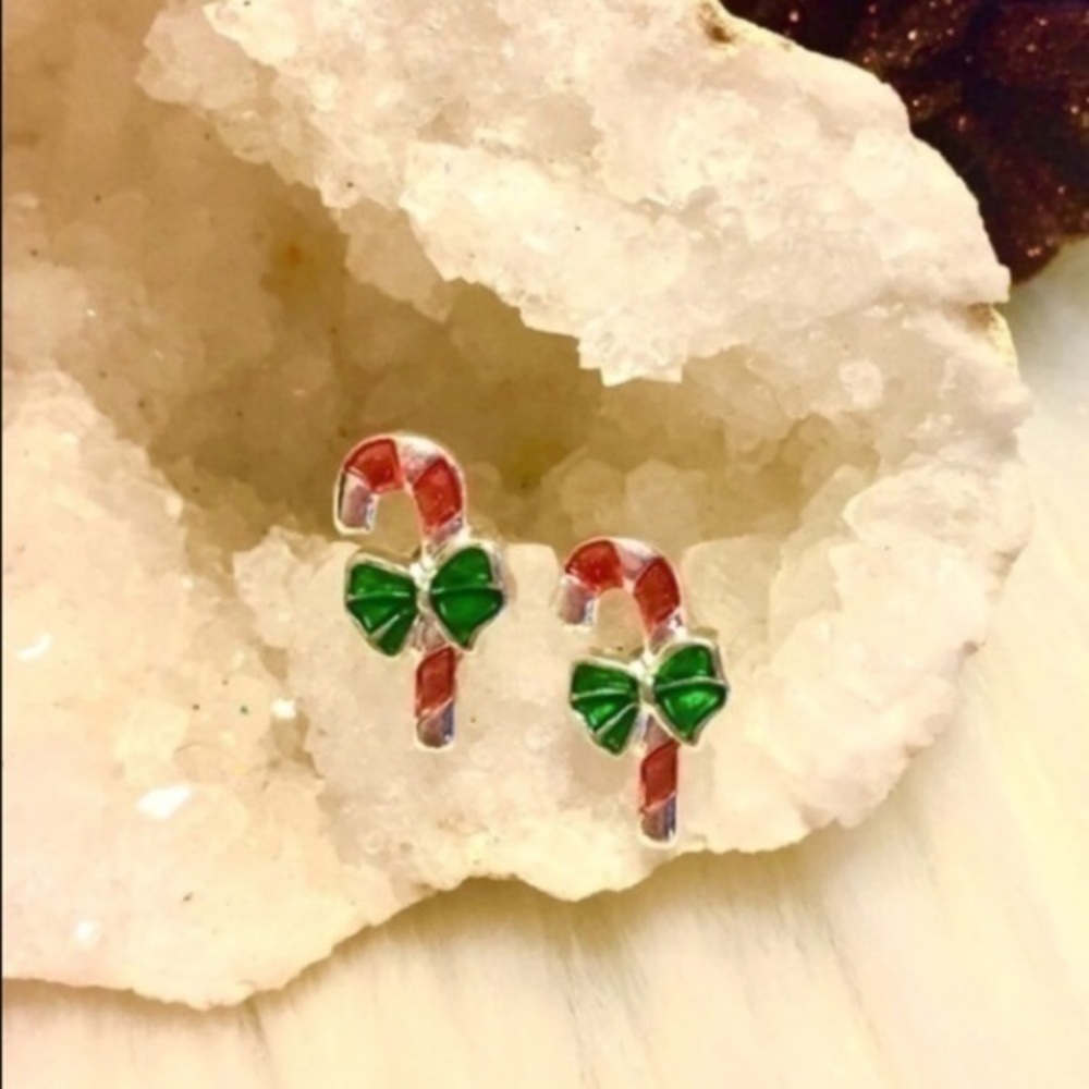Sterling Silver Stained Glass Candy Cane W/ Bow Earrings Holiday Christmas New